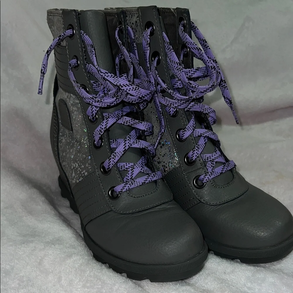 Sorel Women's Boot Sz 5 Gray Lexie Leather Suede Glitter Wedge Waterproof Snow - Picture 5 of 8